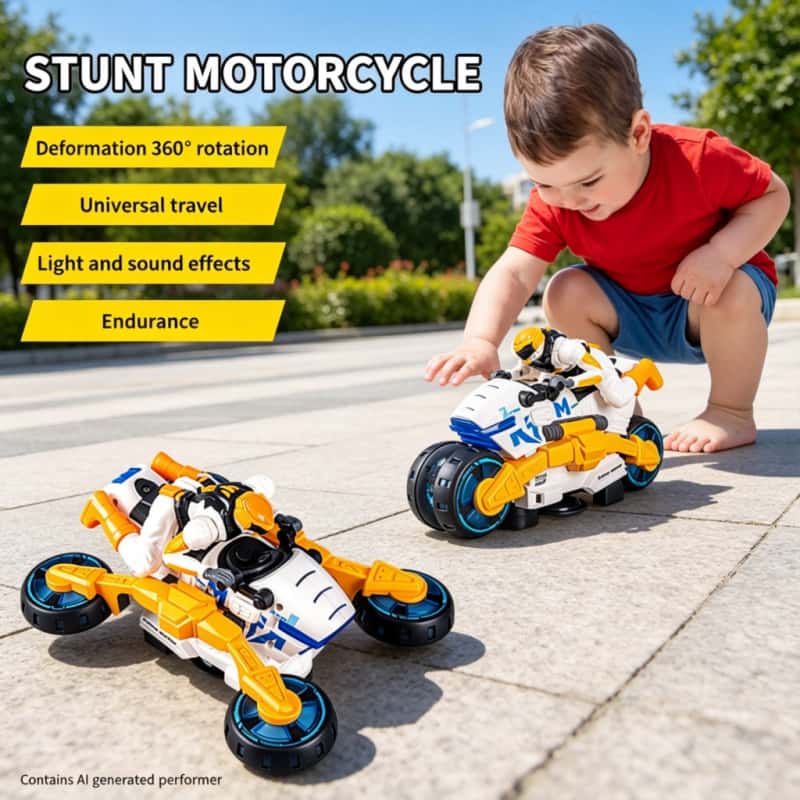 Kids Toys Electric - มอเตอร์ไซค์แปลงรูปได้พร้อมไฟและเสียงเพลง หมุนได้ 360 องศา ของเล่นเด็ก รถของเล่นแปลงรูปได้