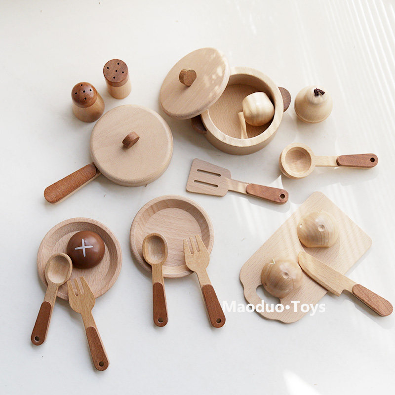 Kids Toys Kitchen Set - ชุดครัวไม้บีชสำหรับเด็กของเล่น Maoduo พร้อมอุปกรณ์ทำครัว หม้อ ชุดของเล่นทำอาหารเสมือนจริง ชุดหั่นอาหาร