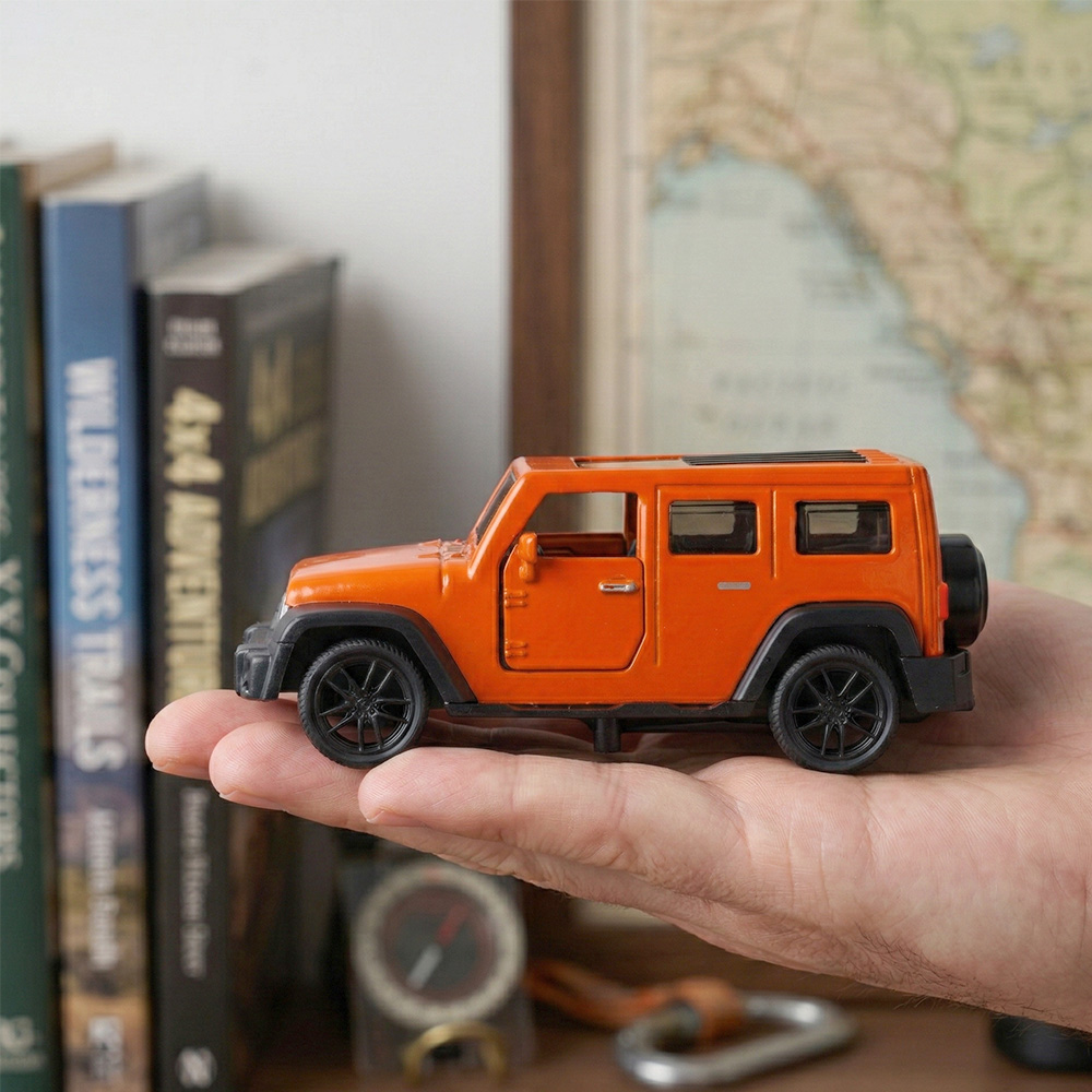 Kids Toys Jeep - 1:43 โมเดลรถจี๊ปสีส้มแบบหล่อขึ้นรูป, ของเล่นแบบดึงกลับพร้อมประตูที่เปิดได้, รถออฟโรดสำหรับสะสมสำหรับเด็กที่ชื่นชอบรถยนต์
