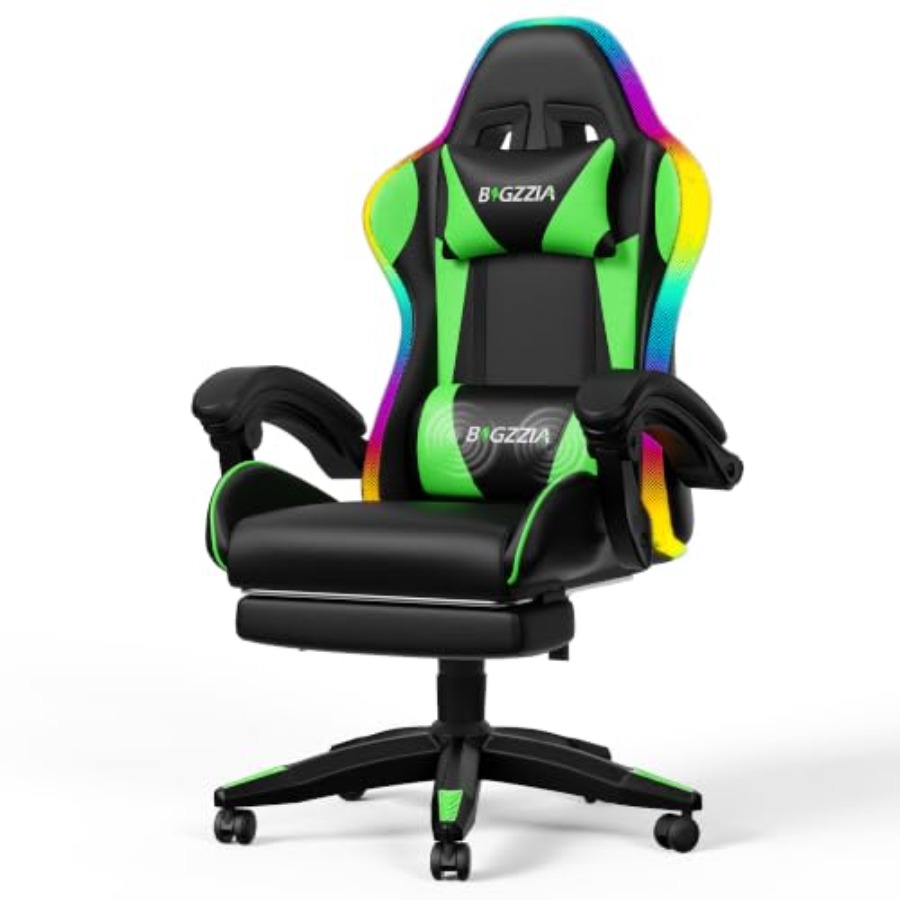 Kids & Toys Expo Saudi Arabia - เก้าอี้เกมมิ่ง RGB พร้อมที่วางเท้าและระบบนวดหลังสำหรับผู้ใหญ่/เด็ก ผ้าสีเขียว รองรับสรีระและปรับความสบายได้